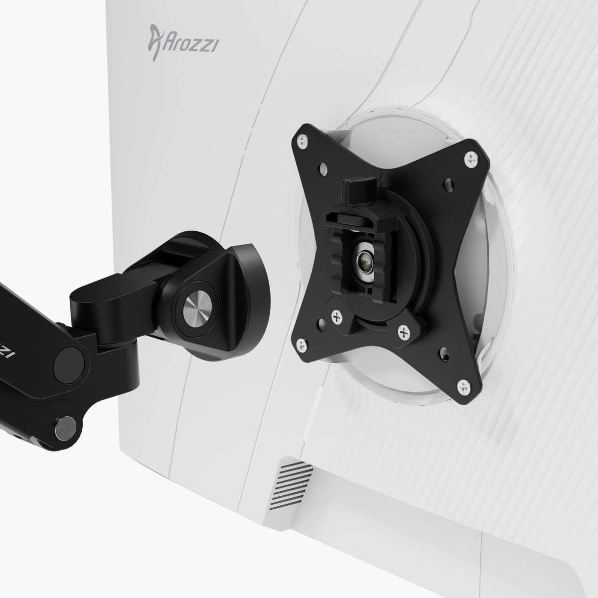 Black Arozzi Europe Alzare Neo Single monitor arm holding a white monitor, all-metal build.