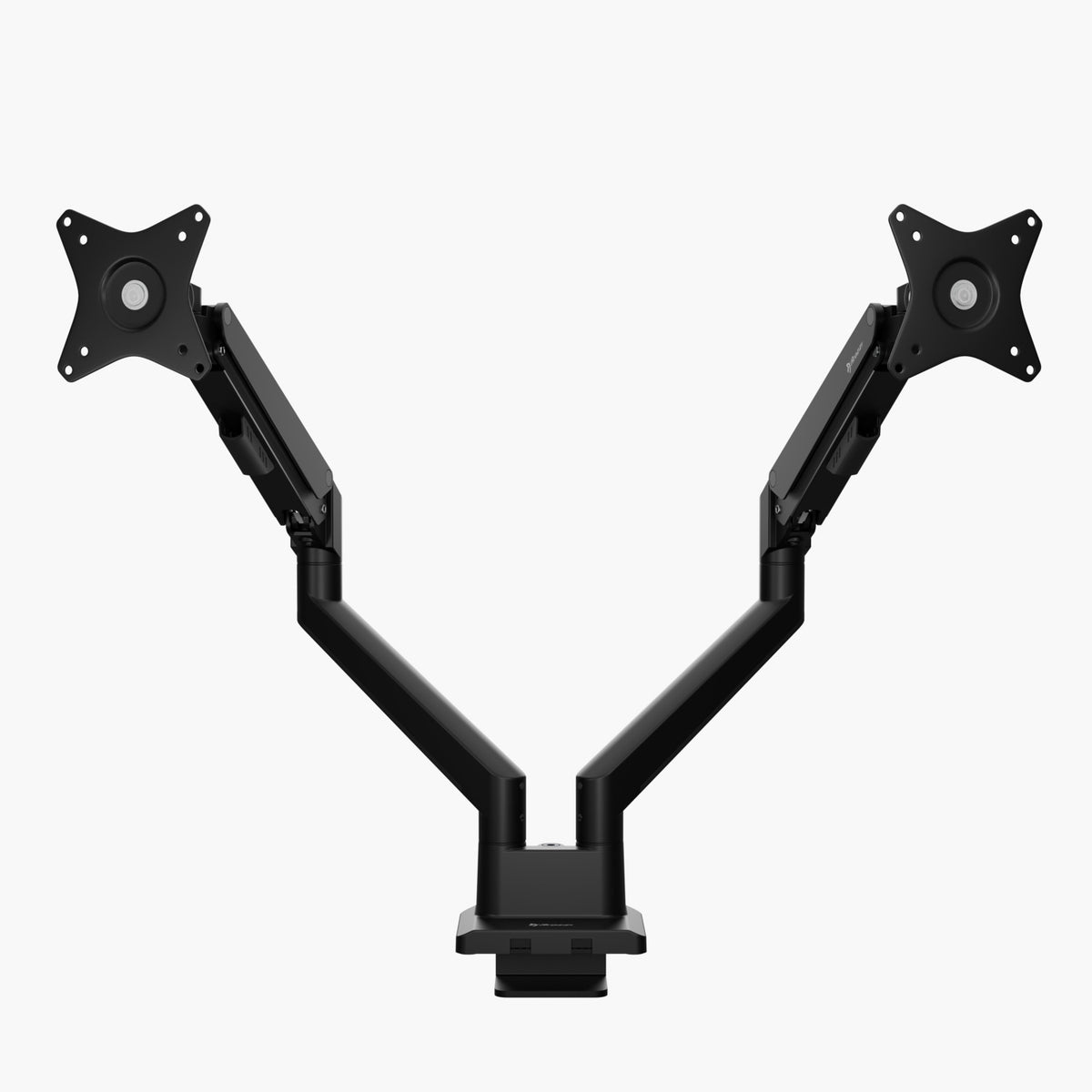 Arozzi Alzare Neo Duo gas spring monitor arm, black, front view on white background.