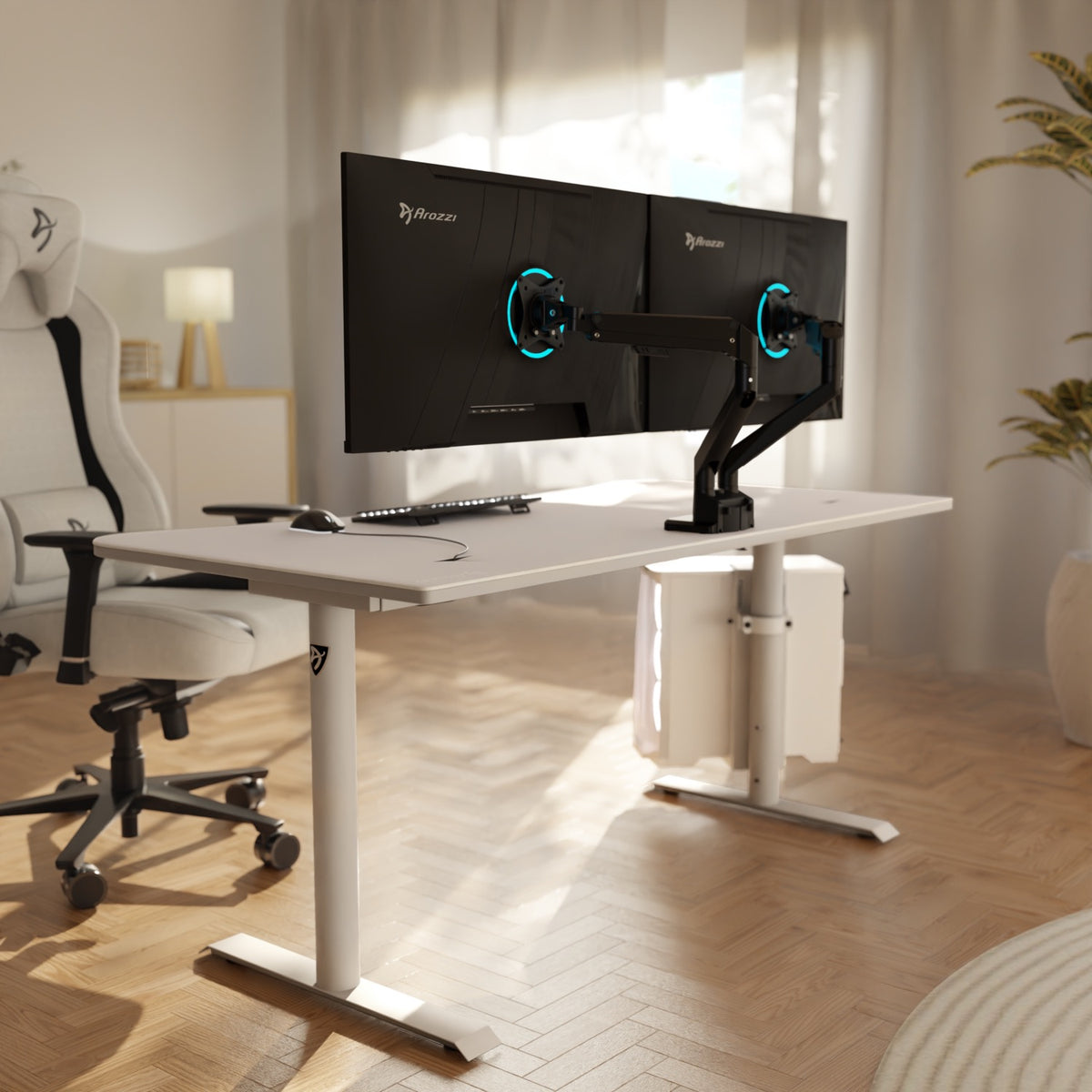 Minimalist desk with Alzare Neo Duo by Arozzi, dual monitors, white chair, and soft lighting.