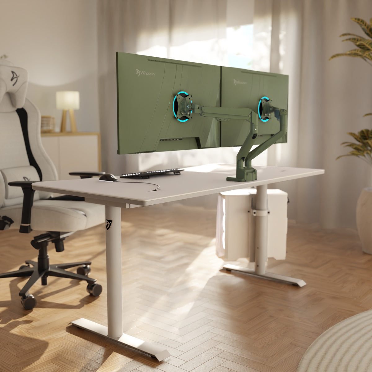 Minimalist desk with two green monitors on Arozzi Alzare Neo Duo arms, bright natural lighting.
