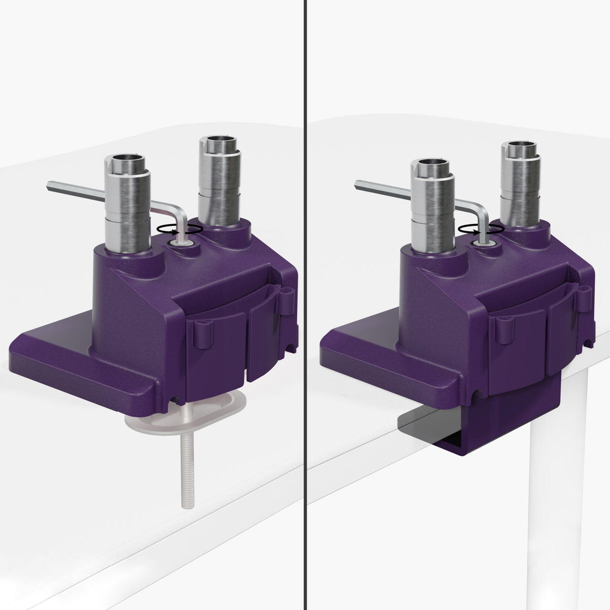 Arozzi Alzare Neo Duo—full-metal gas spring monitor arm, shown mounted two ways on table.