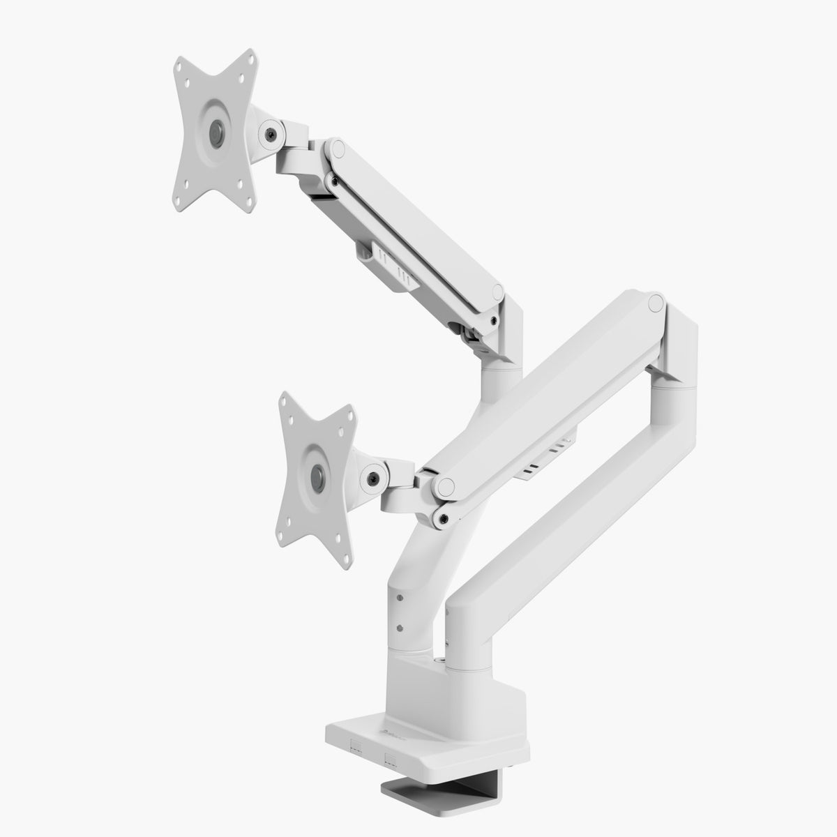 Arozzi Alzare Neo Duo: Gas spring dual monitor arm, all-metal, VESA, for adjustable desks.