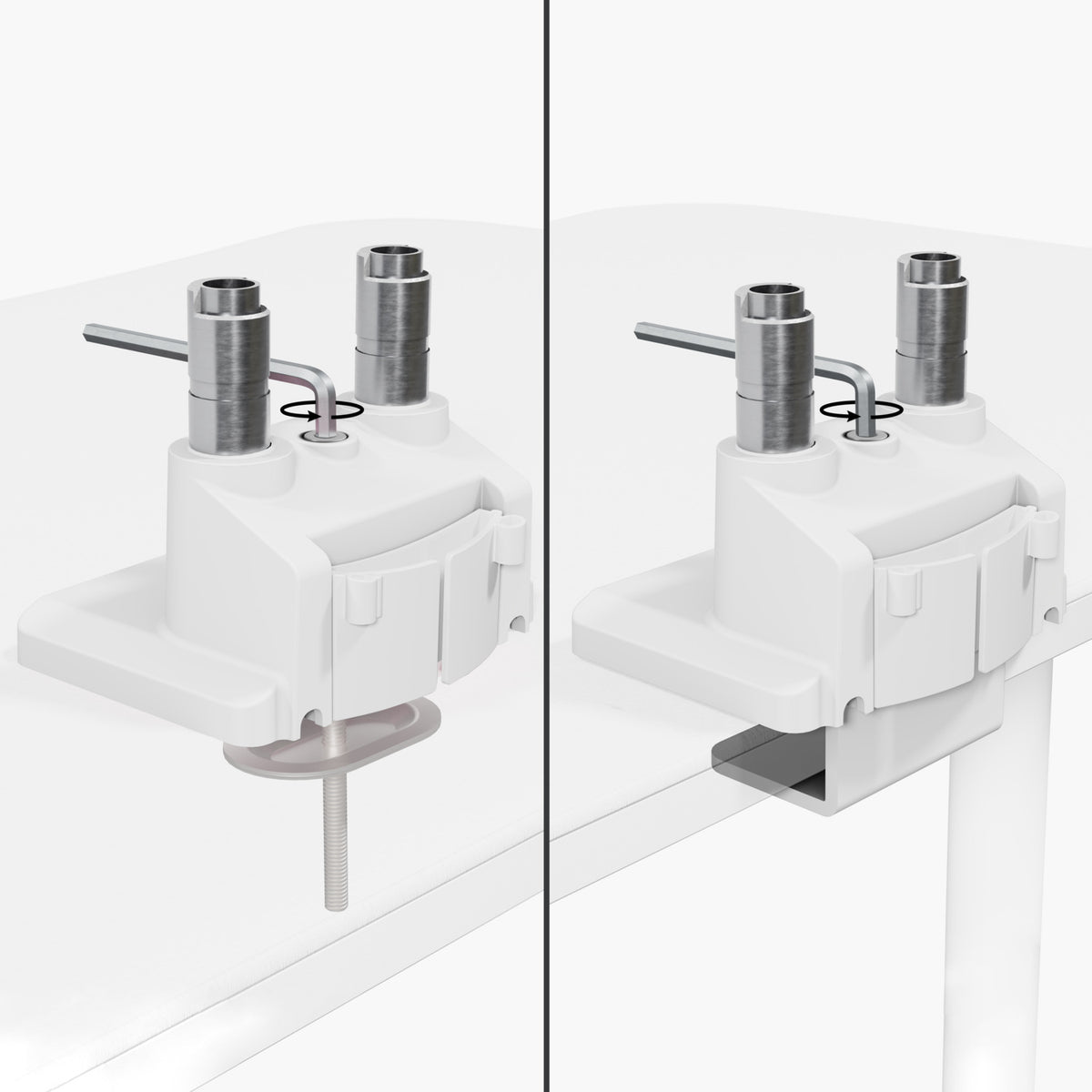 Two white Alzare Neo Duo arms by Arozzi: one clamp, one screw; metal build, built-in ports.