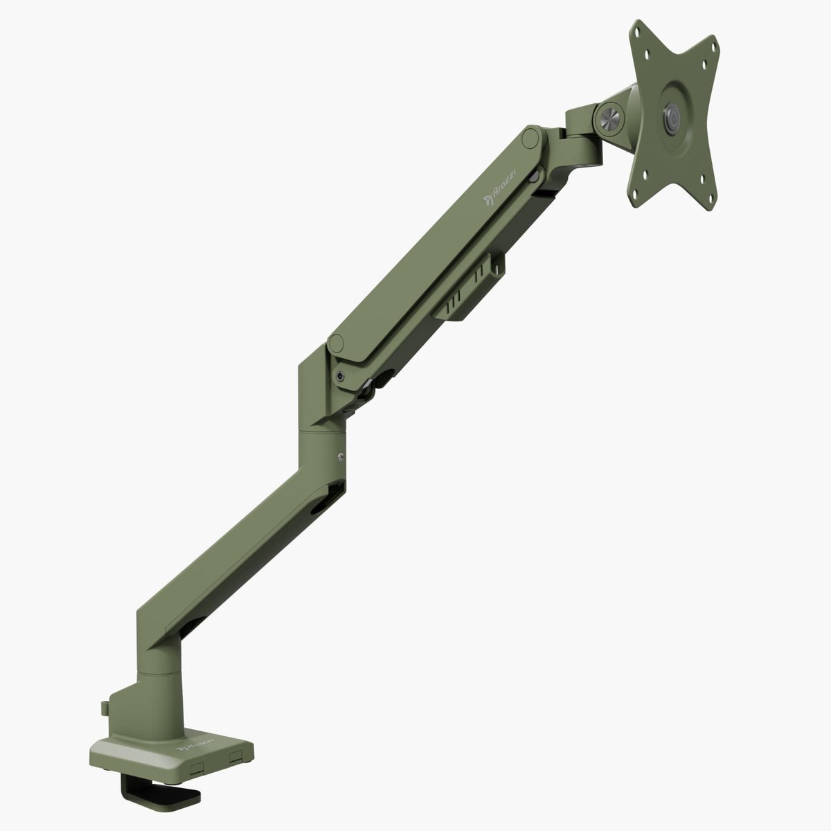 Arozzi Alzare Neo Single gas spring arm, olive green, all-metal with bracket, isolated white.