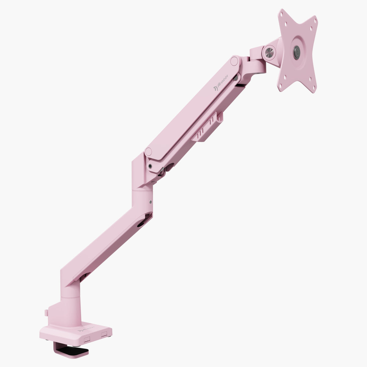 Arozzi Europe Alzare Neo Single gas spring arm in pink, VESA mount, clamped for matching look.