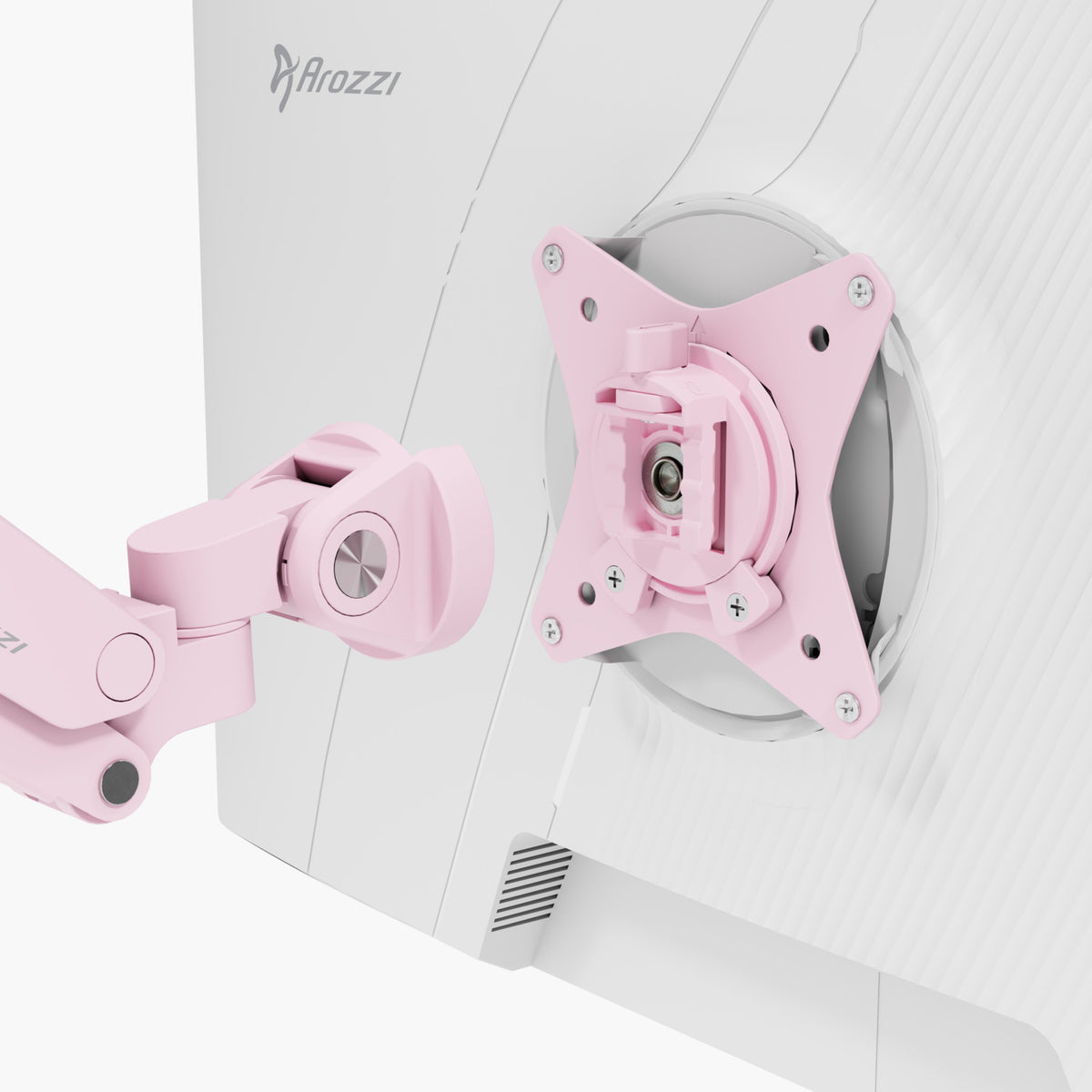 Pink Arozzi Europe Alzare Neo Single monitor arm with all-metal build on a white display.