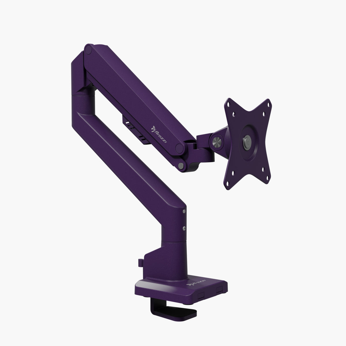 Arozzi Alzare Neo Single, purple all-metal gas spring monitor arm with clamp base.