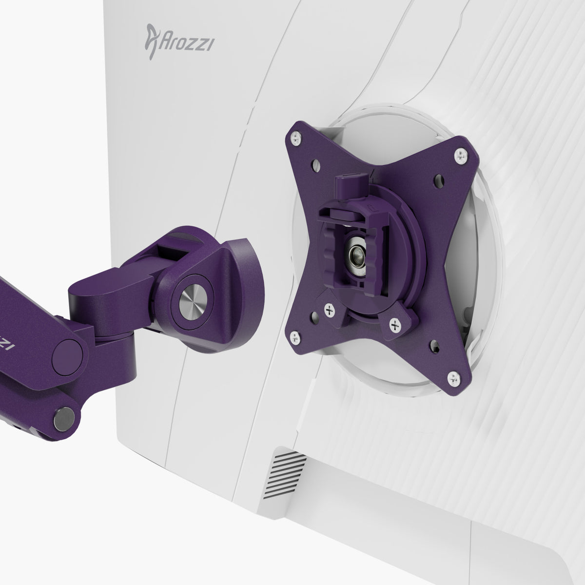 Detail of Arozzi Europe Alzare Neo Single arm (all-metal) on a white monitor.