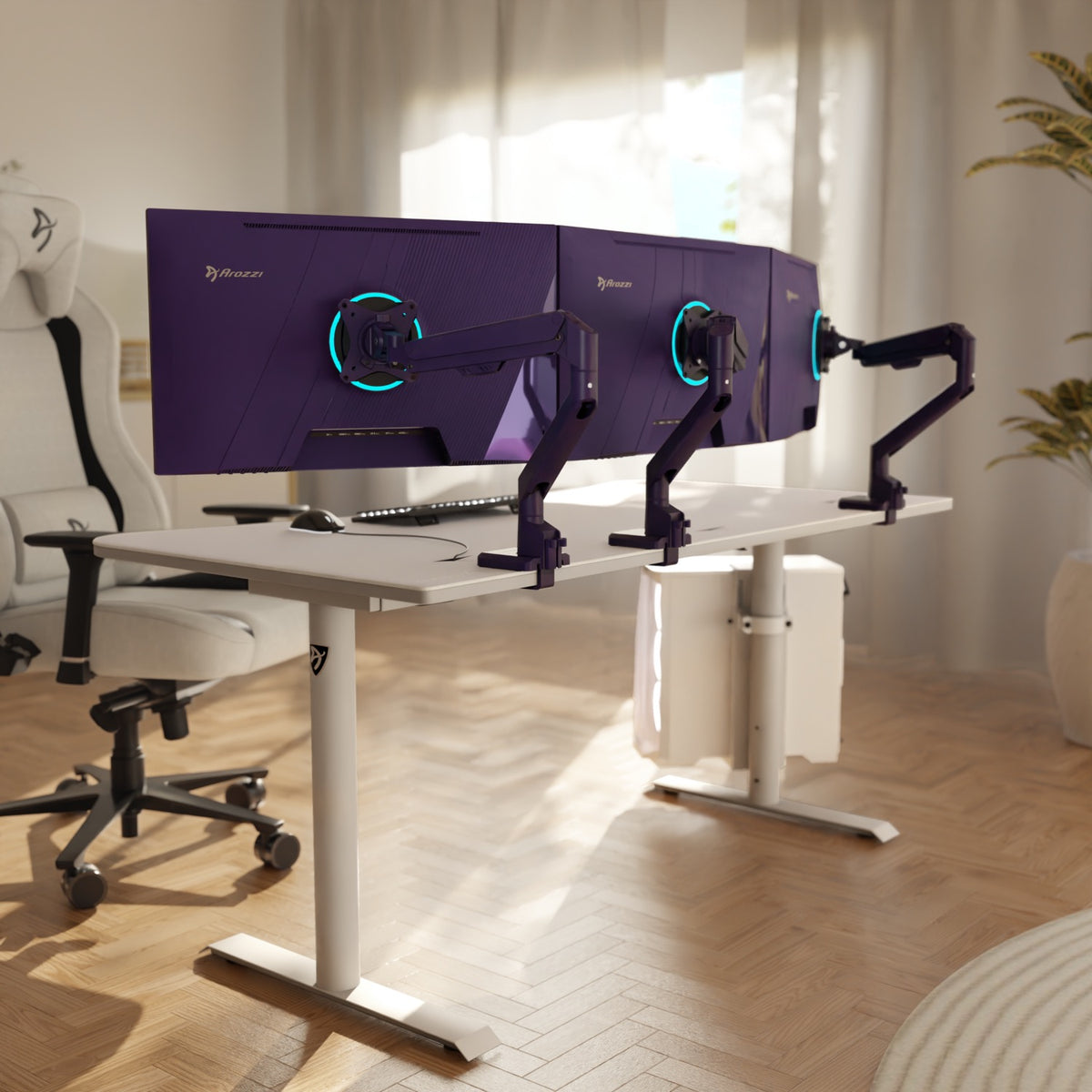 Two purple monitors on Arozzi Alzare Neo arms, all-metal, on a white desk.