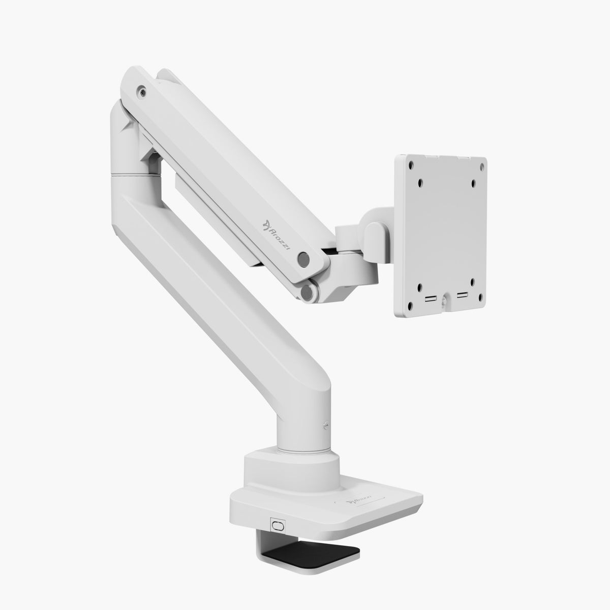 Arozzi Europe Alzare Neo Pro: White gas spring arm with clamp, heavy-duty monitor mount.