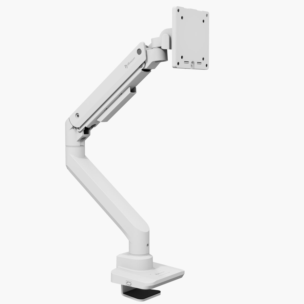 Arozzi Alzare Neo Pro gas spring arm—white, clamp base, for ultrawide monitors.