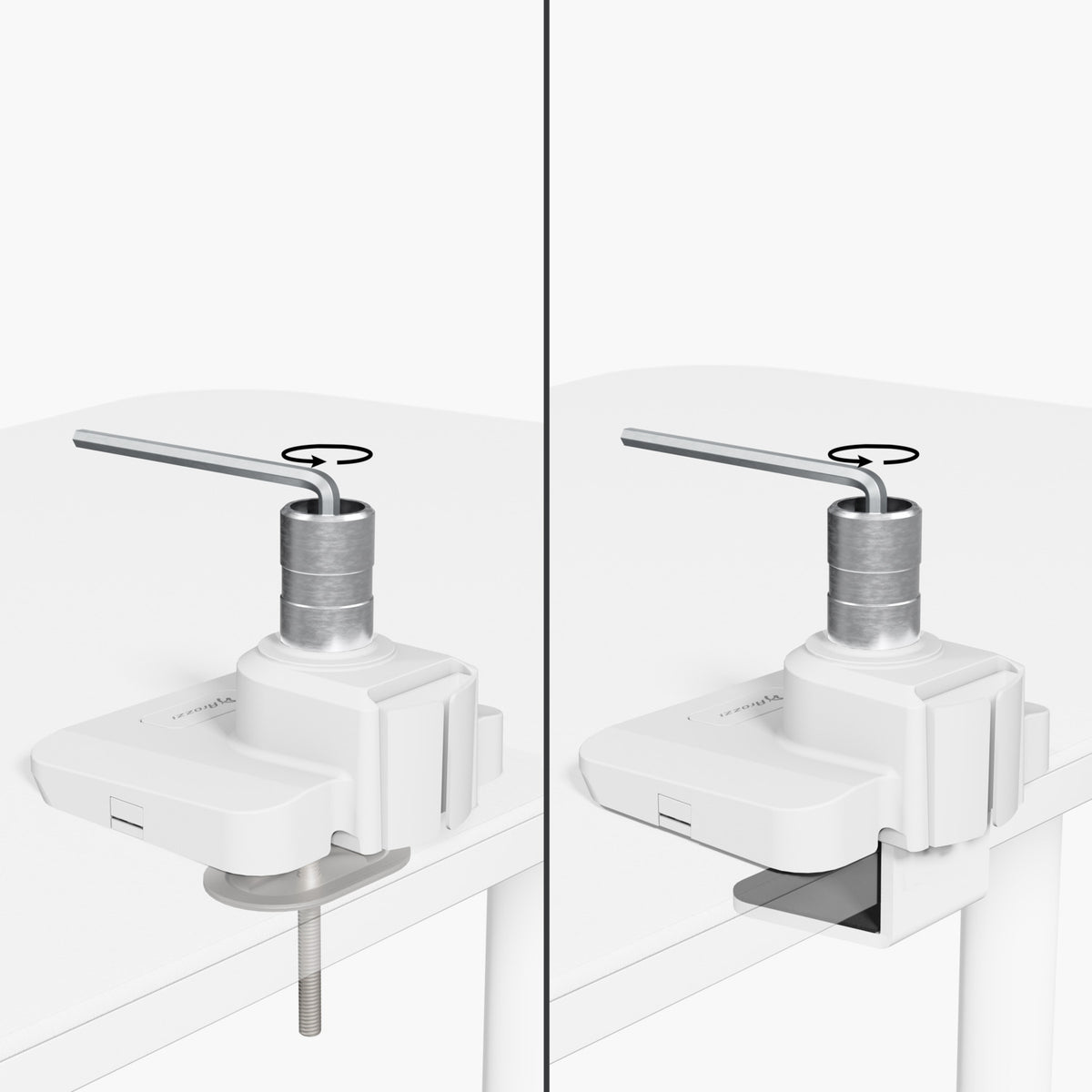 Two Arozzi Europe Alzare Neo Pro monitor arms, white, each with a silver handle, mounted to table.