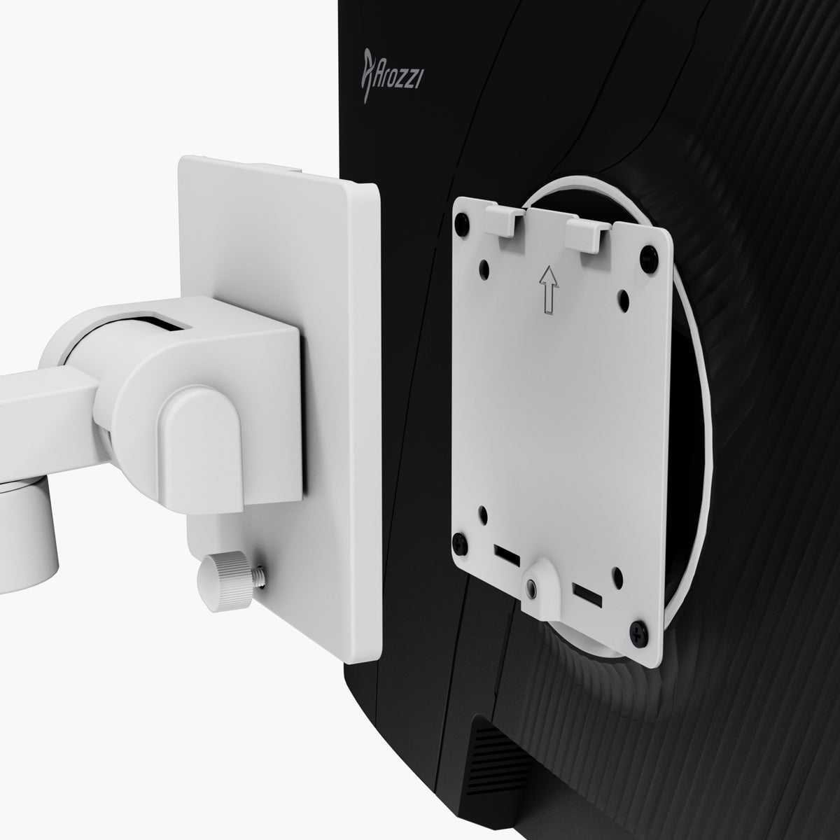 An Alzare Neo Pro by Arozzi Europe being mounted on a black chair for a monitor setup.