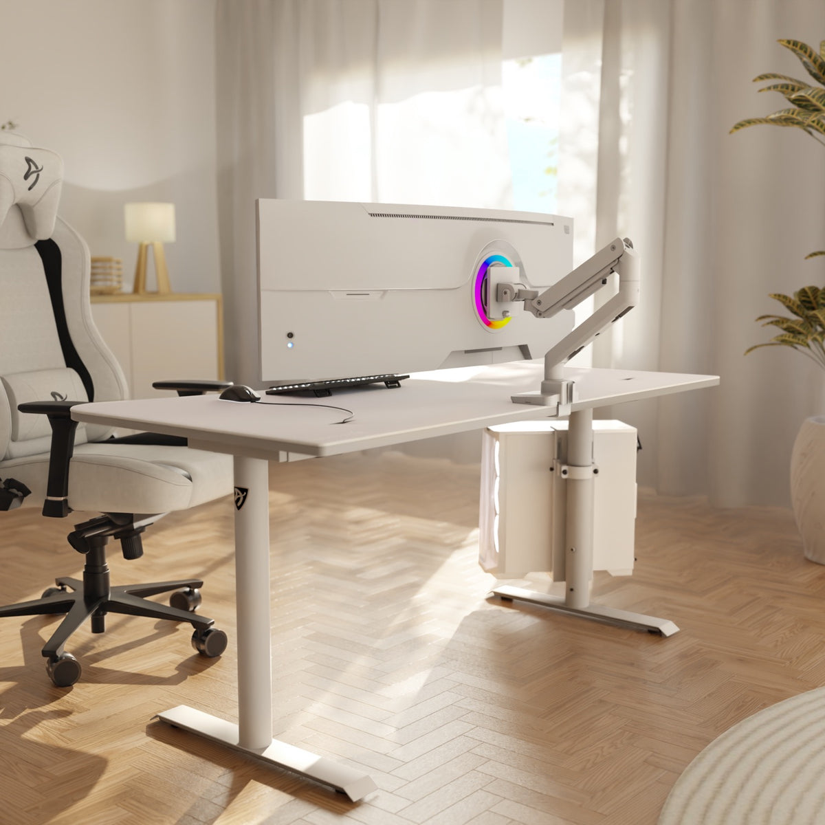 Sleek white desk with Alzare Neo Pro by Arozzi Europe, ultrawide arm, keyboard, chair, soft light.