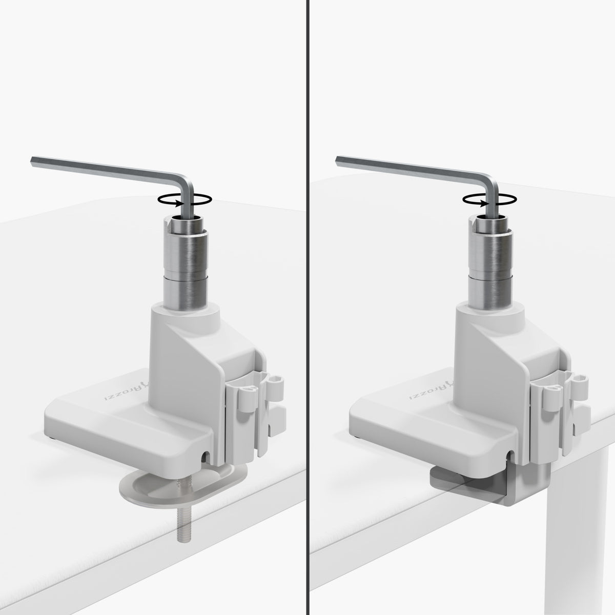 Two views of the Arozzi Alzare Neo Single Gas Spring Monitor Arm on a white, color-matched setup.