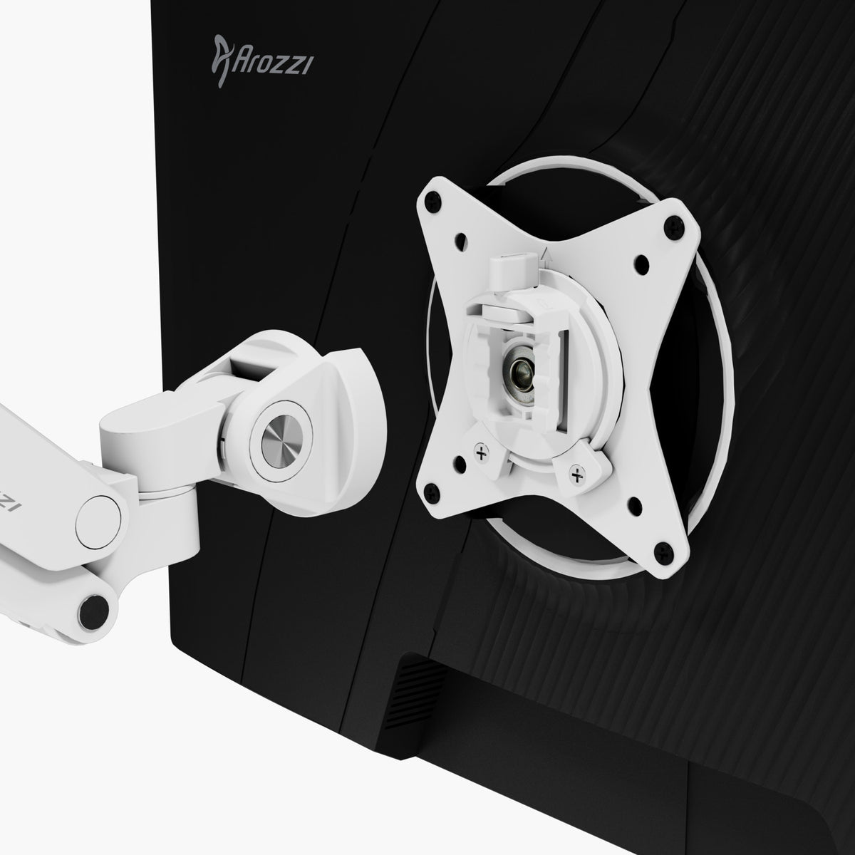 White Arozzi Europe Alzare Neo Single monitor arm mounted on a black Arozzi monitor.