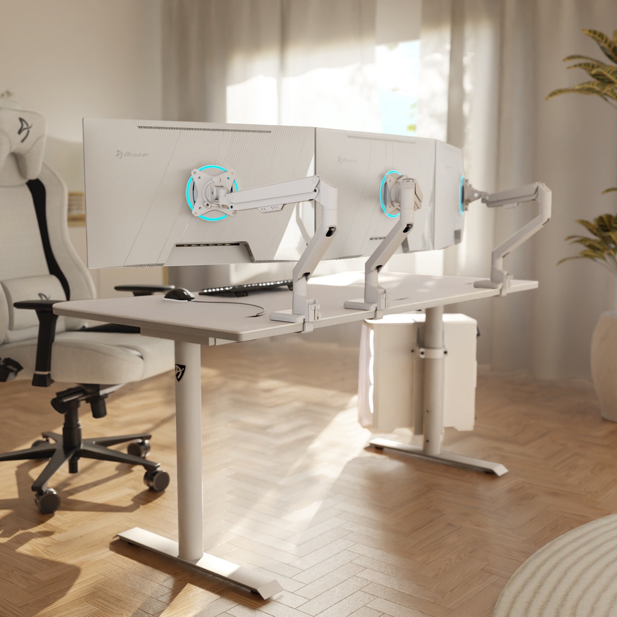 Arozzi Alzare Neo Single arm, metal build, bright lighting, minimalist desk with monitor.