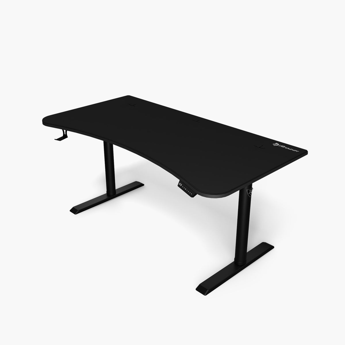 Arozzi Europe Arena Moto Electric Standing Desk with curved edge and sturdy metal legs.