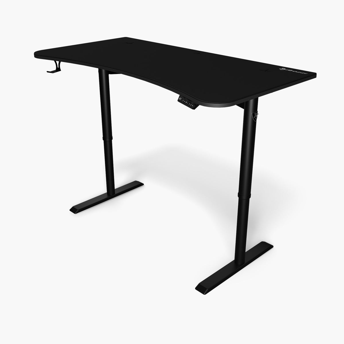 Arozzi Europe Arena Moto electric sit-stand desk with curved edge and sturdy legs, white background.