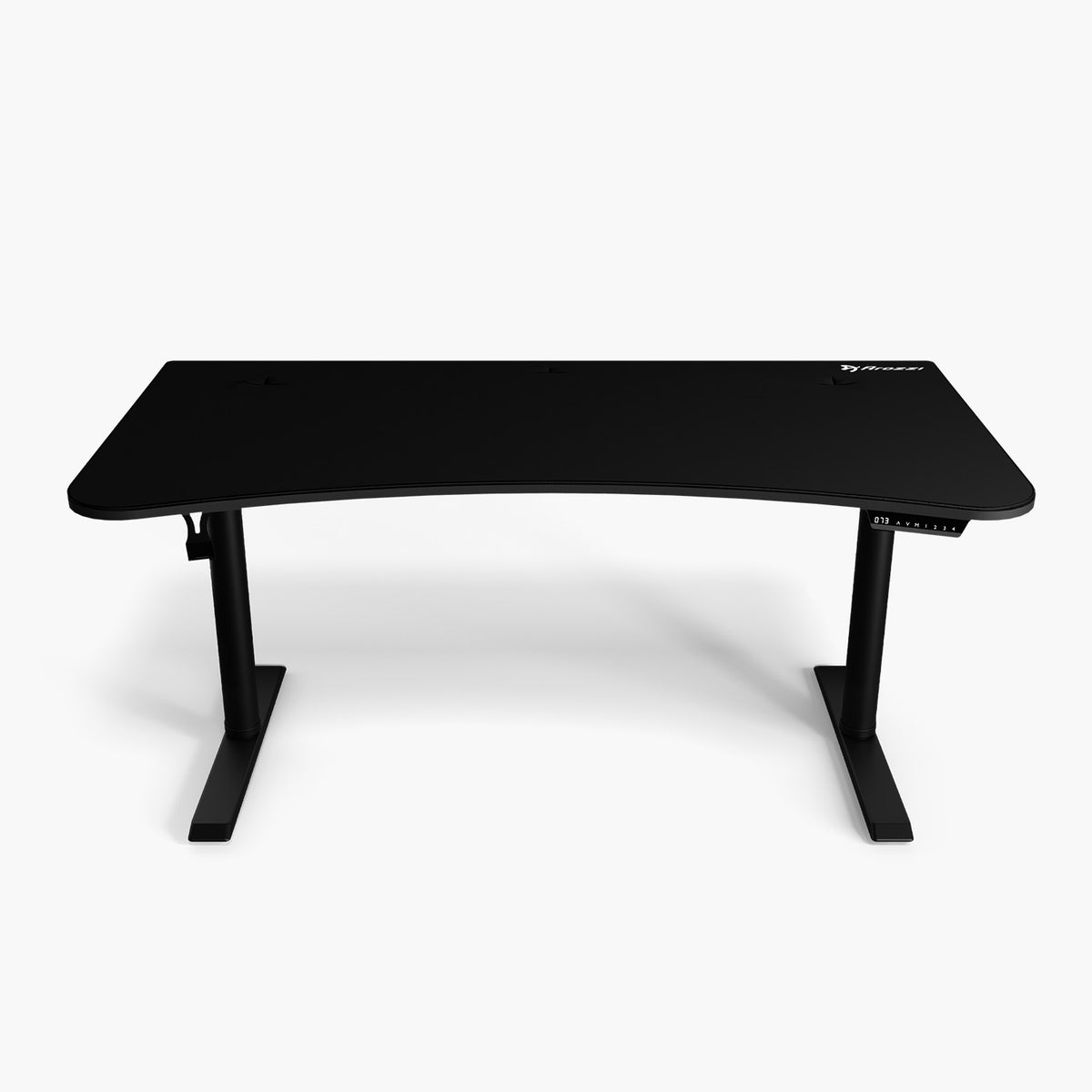 Arozzi Arena Moto electric standing desk with digital controls, curved edge, white background.