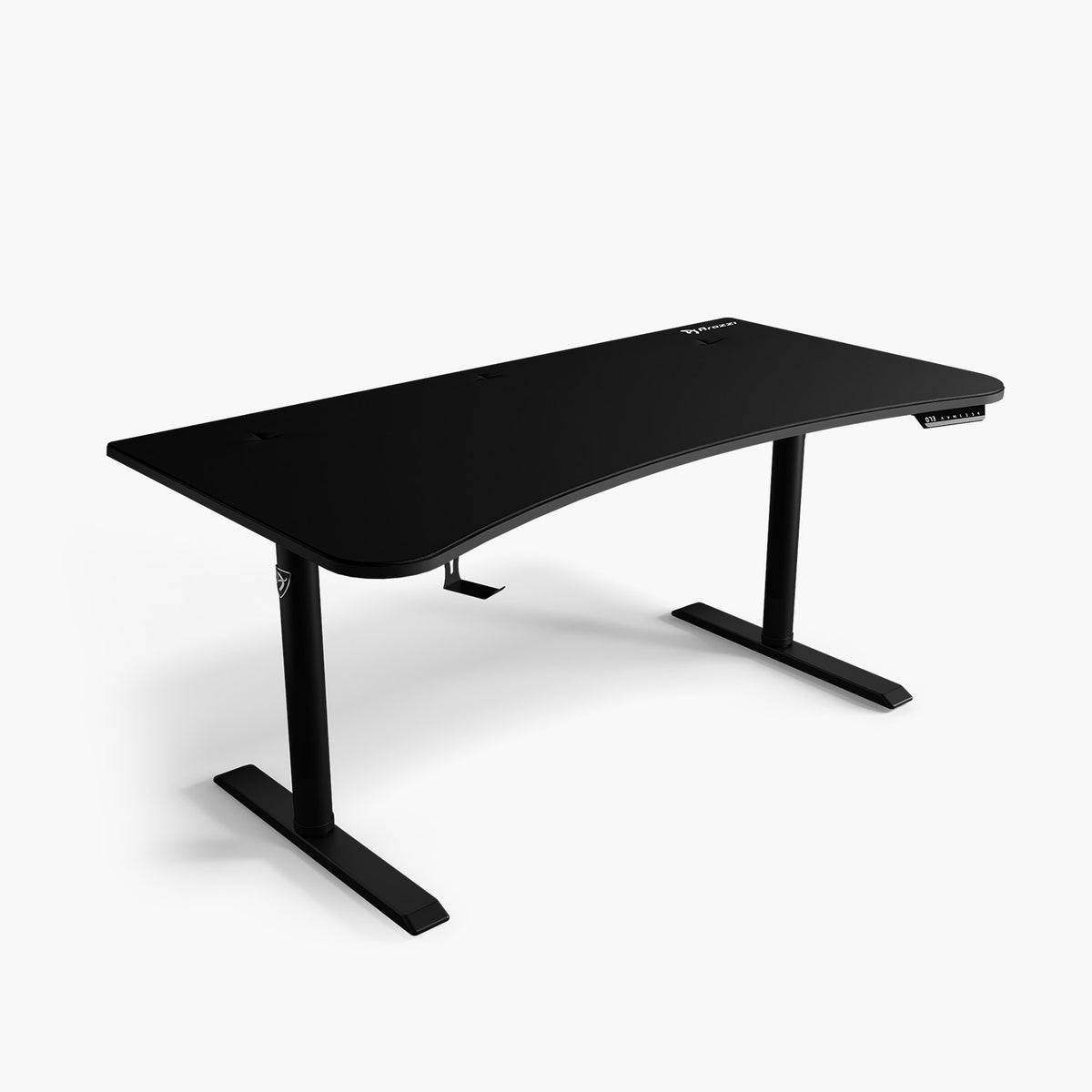 Arozzi Europe Arena Moto electric sit-stand desk with curved edge and digital panel.