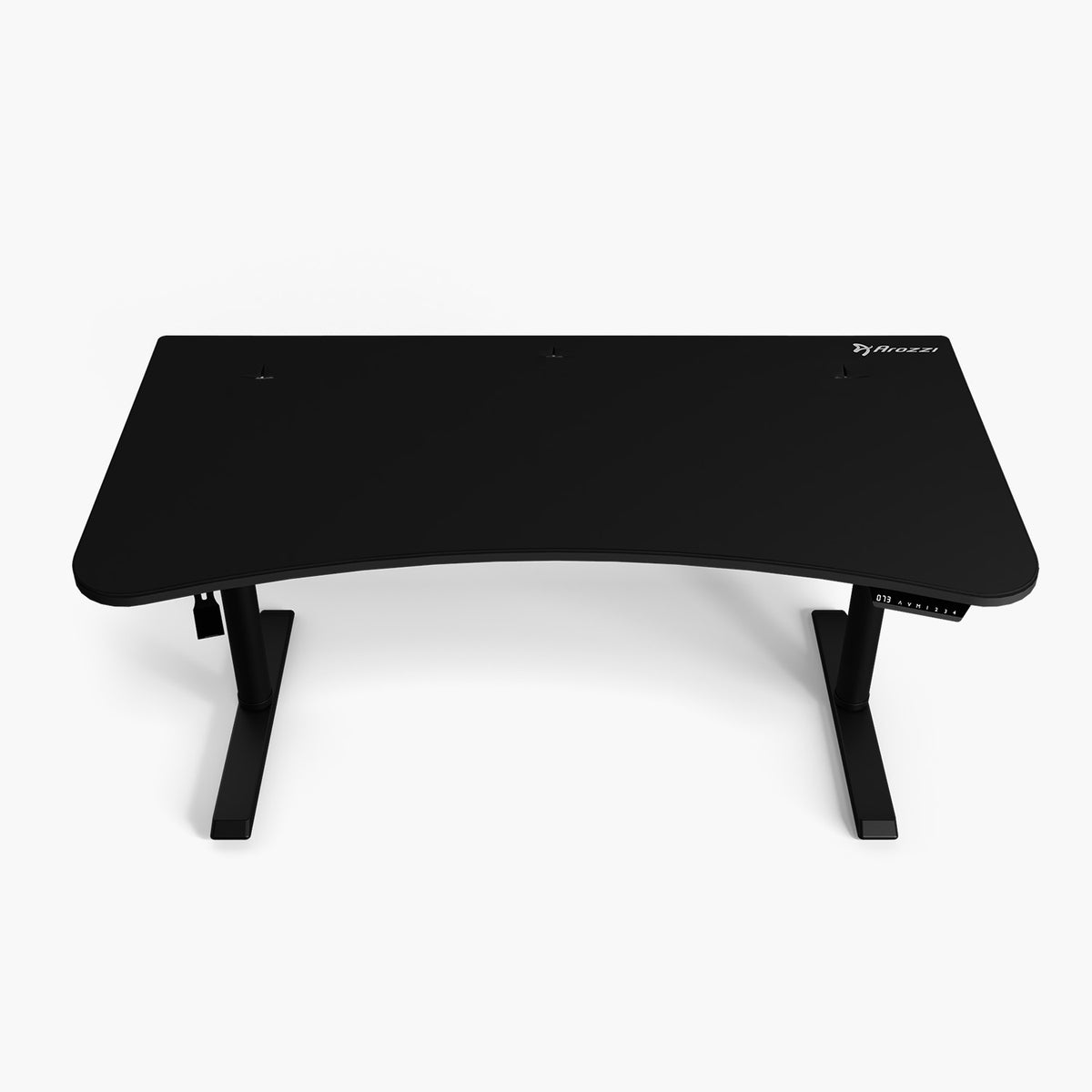 Arozzi Europe Arena Moto electric standing desk with curved front, top view on white.