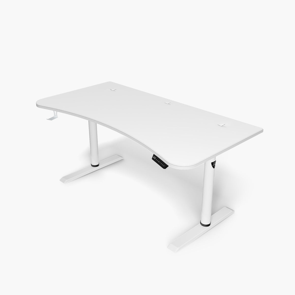 Arozzi Europe Arena Moto Electric Standing Desk, curved and height adjustable, shown in white.
