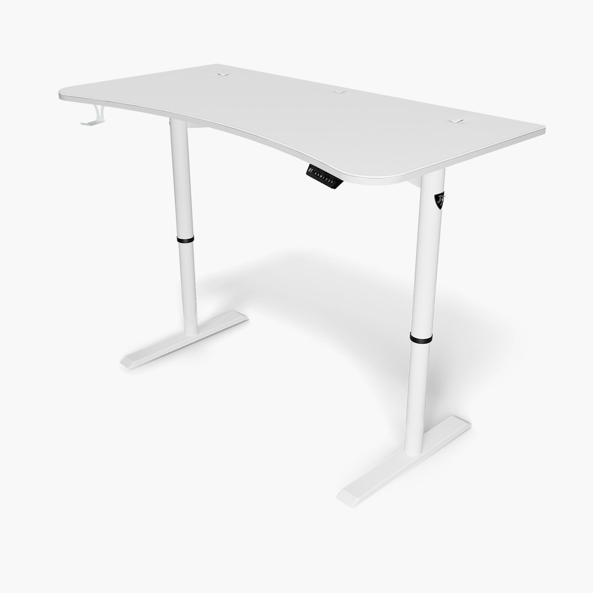 Arozzi Europe Arena Moto Electric Standing Desk, curved front, 2 legs, height adjustable.