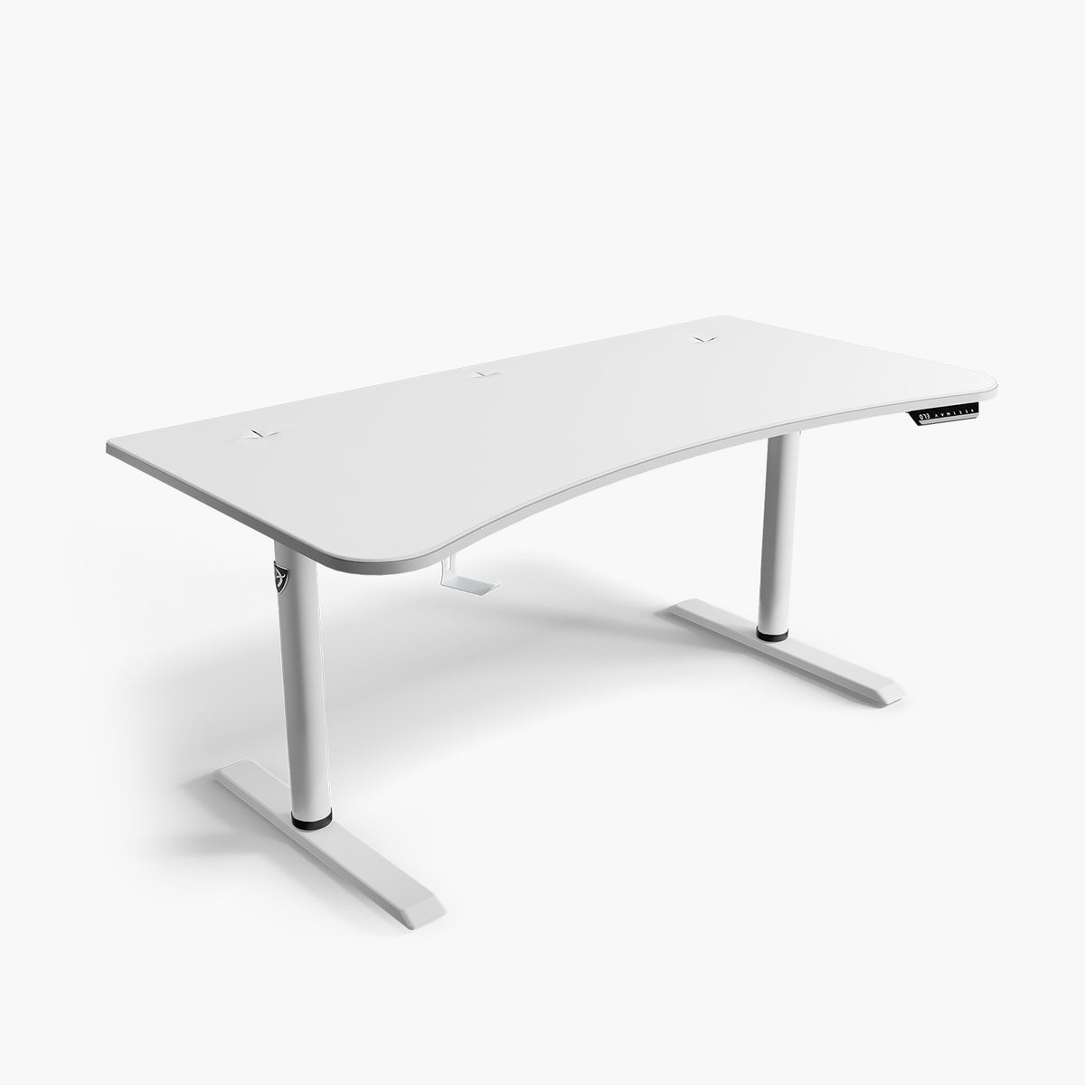 Arozzi Arena Moto electric desk with curved edge and right-side digital control panel.