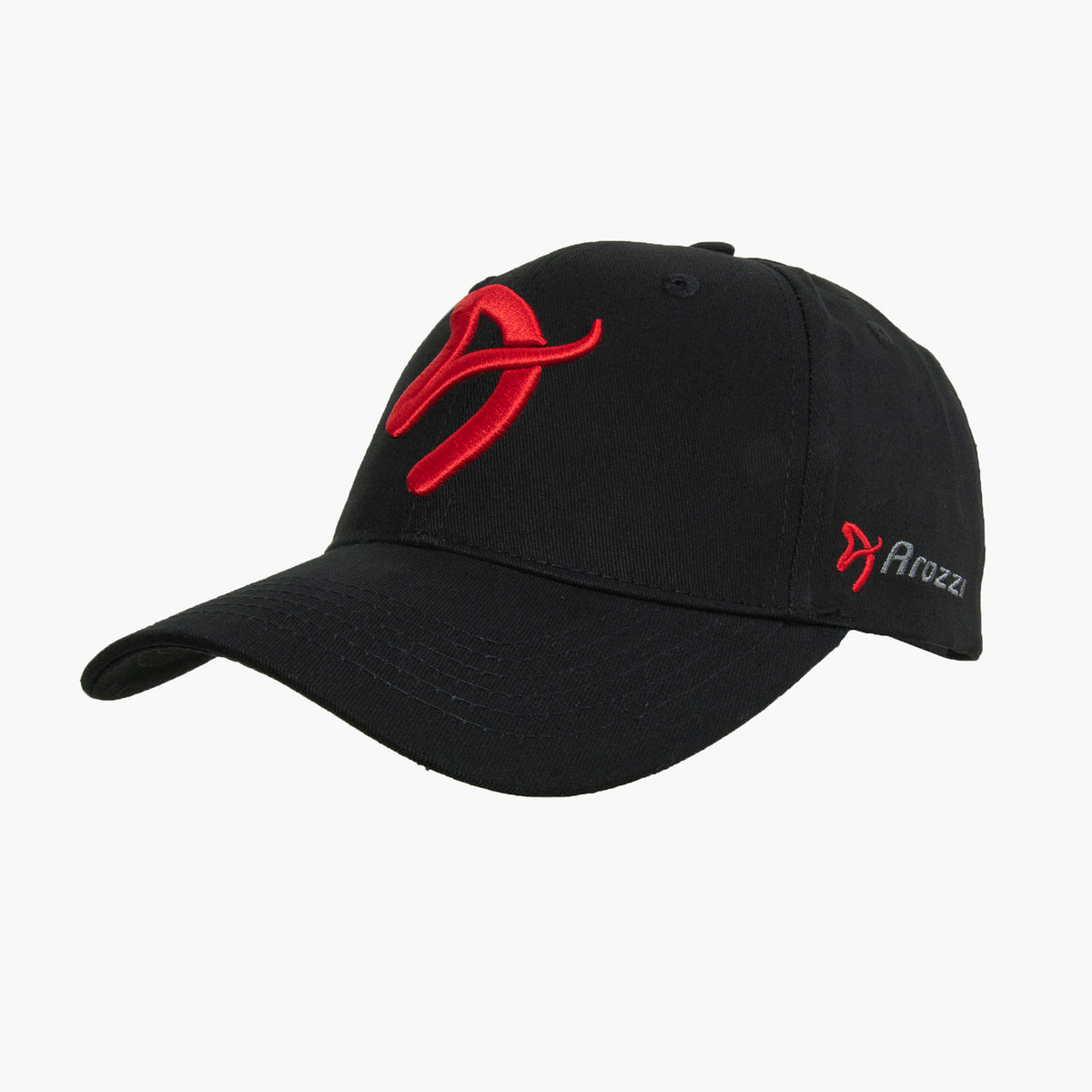 Arozzi Sport Cap: black, red A embroidery, Arozzi logo, adjustable metal back clip.