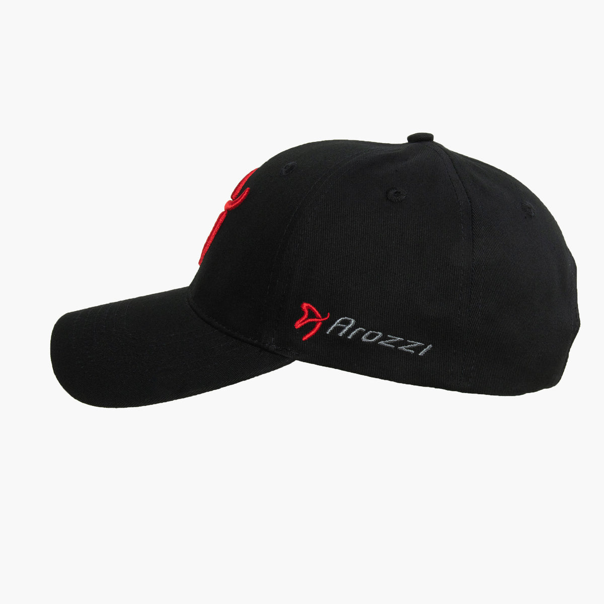 Arozzi Sport Cap: Black with red logo, side branding, and adjustable metal clip in back.