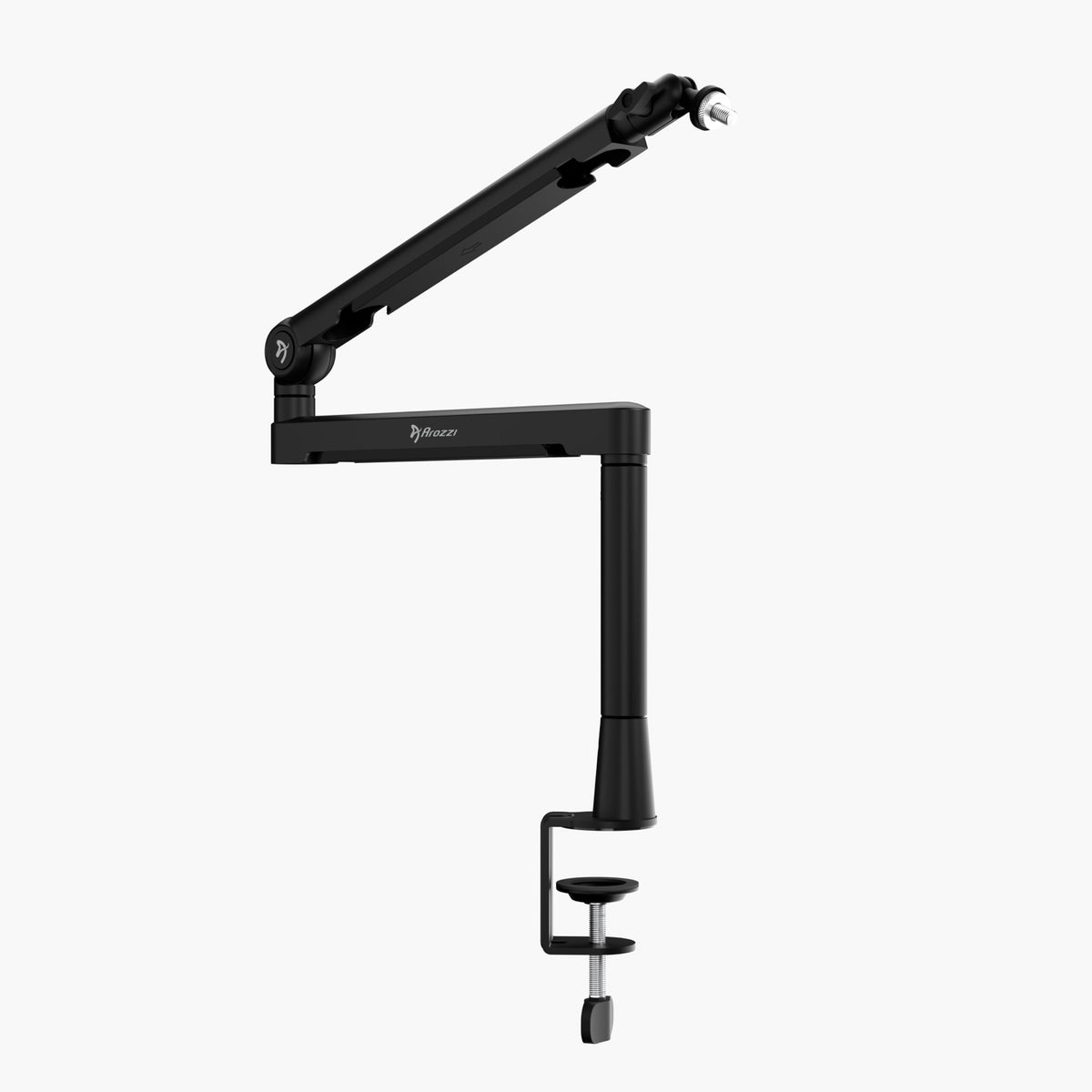 Arozzi Europe Braccio adjustable microphone boom arm with clamp and cable management, white bg.