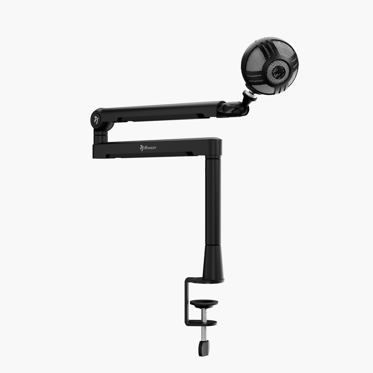 Arozzi Europe Braccio Microphone Boom Arm, black, attached to white surface with cable management.