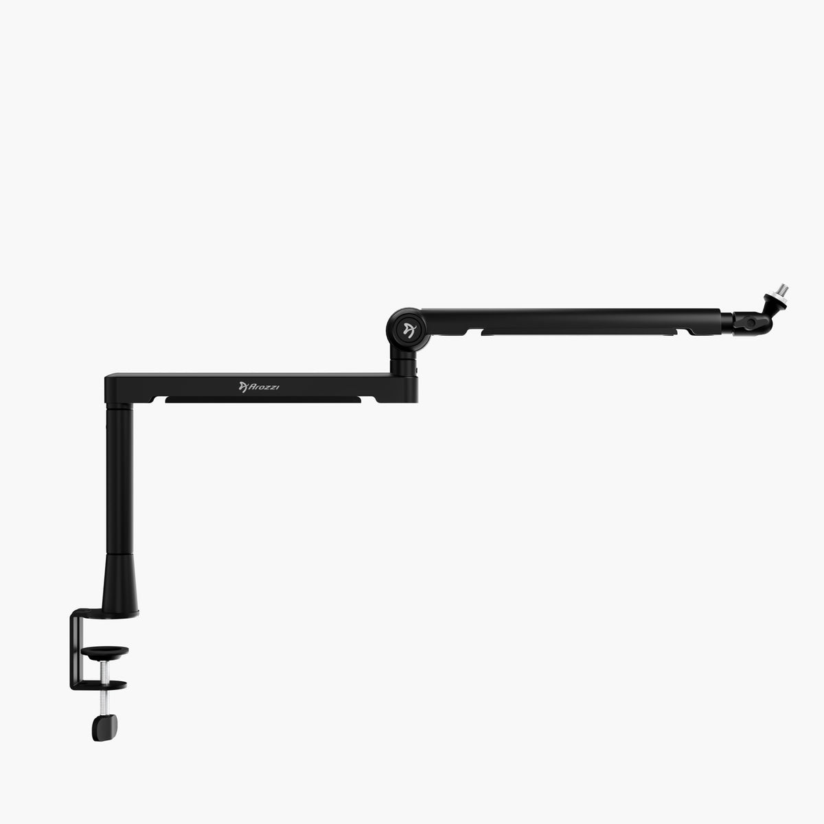 Arozzi Braccio desk-mounted adjustable boom arm, black, clamp base, extended horizontally.