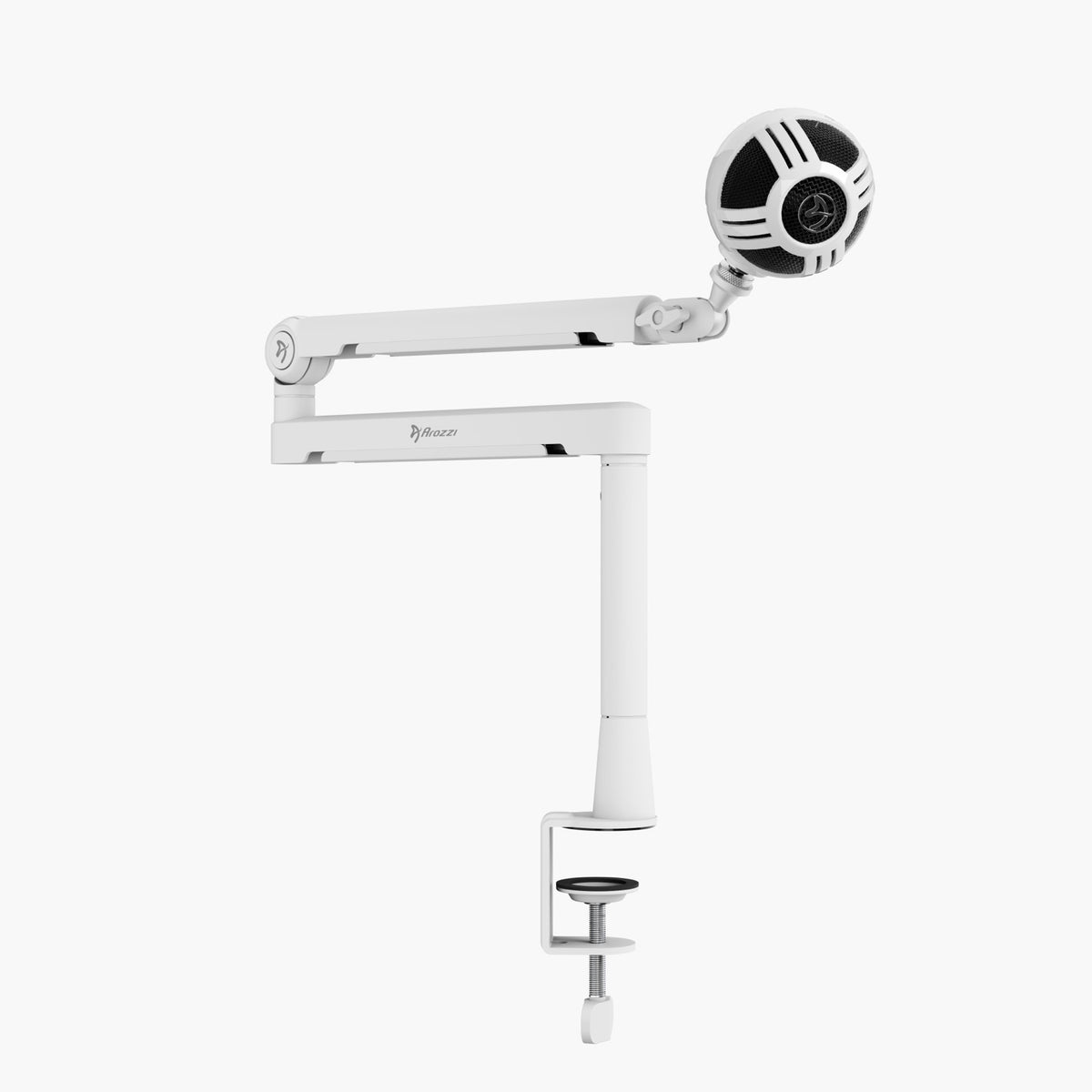 Arozzi Europe Braccio white boom arm with cable management and black-white mic attached.