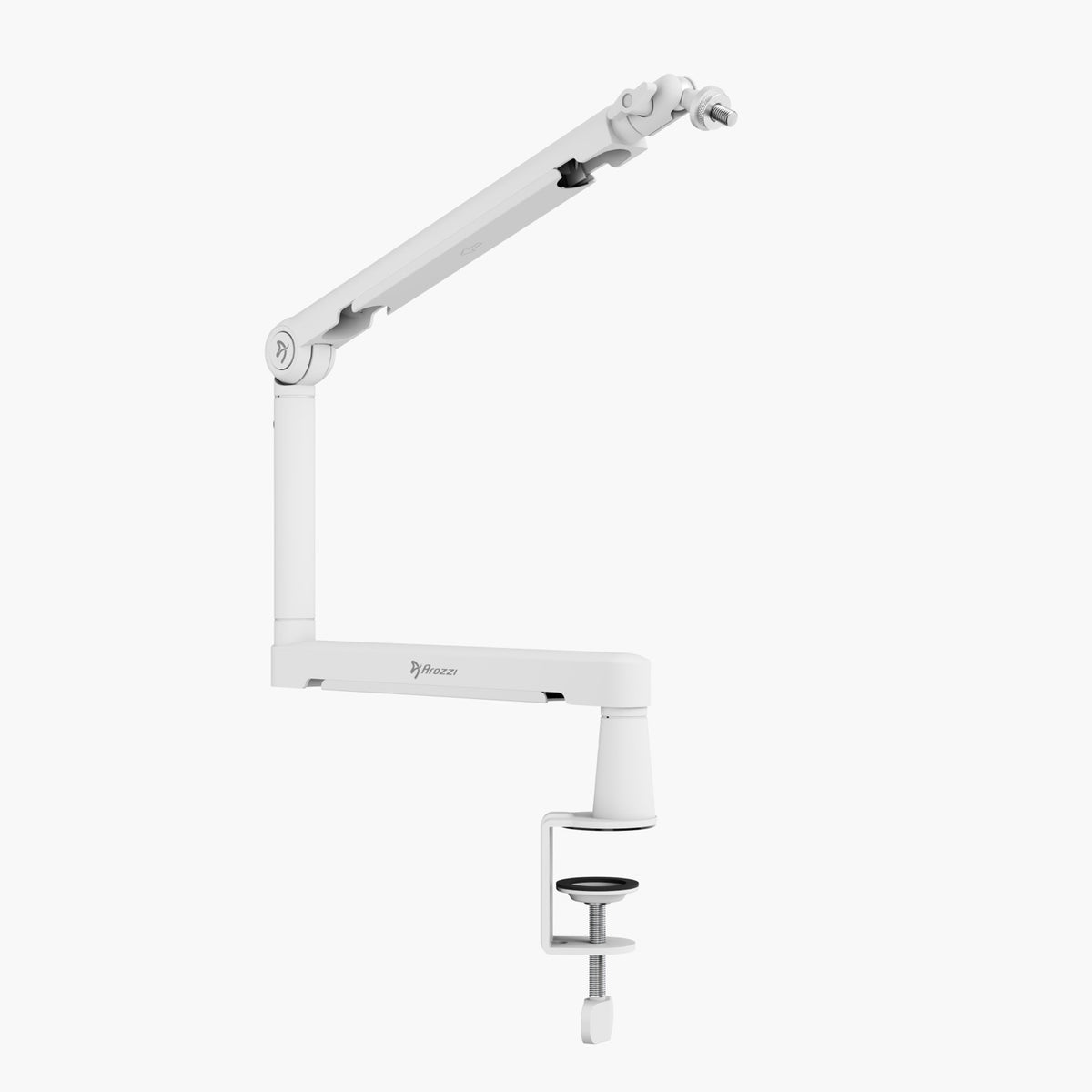 Braccio Microphone Boom Arm by Arozzi Europe, adjustable and desk-mounted in white.