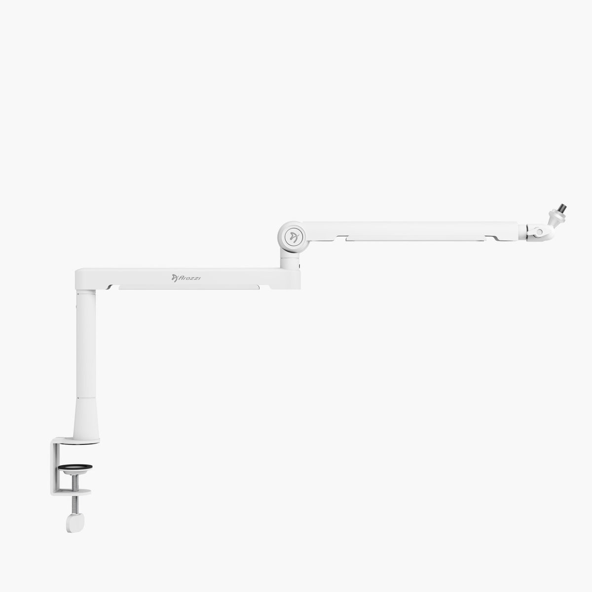Arozzi Europe Braccio: white adjustable mic boom arm with clamp base and cable management.