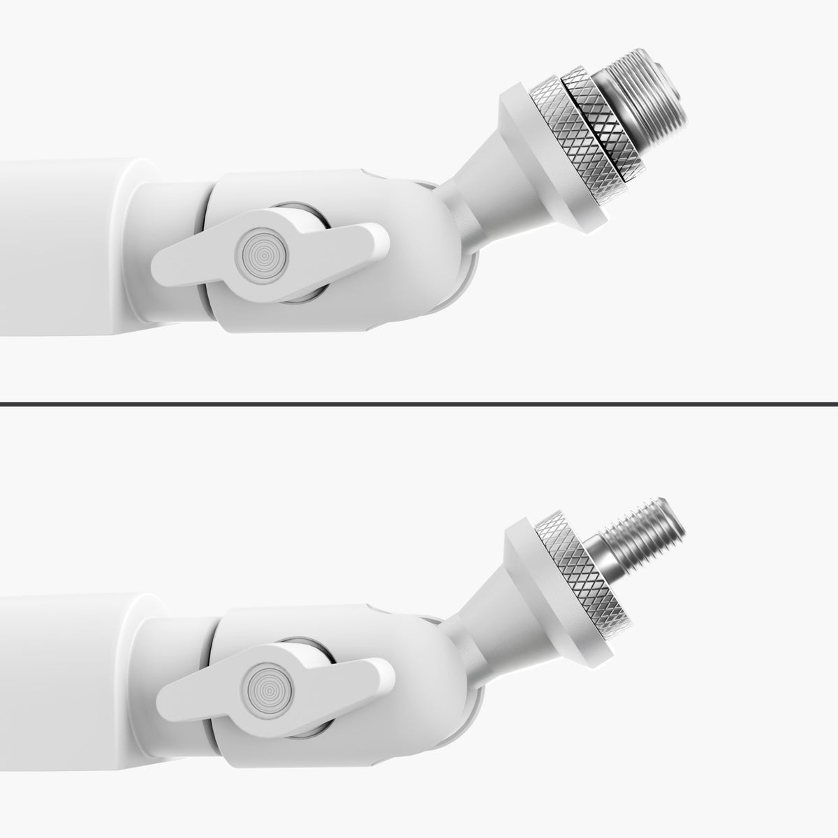 Close-ups of the Arozzi Braccio Boom Arm show its white joint and built-in cable management.