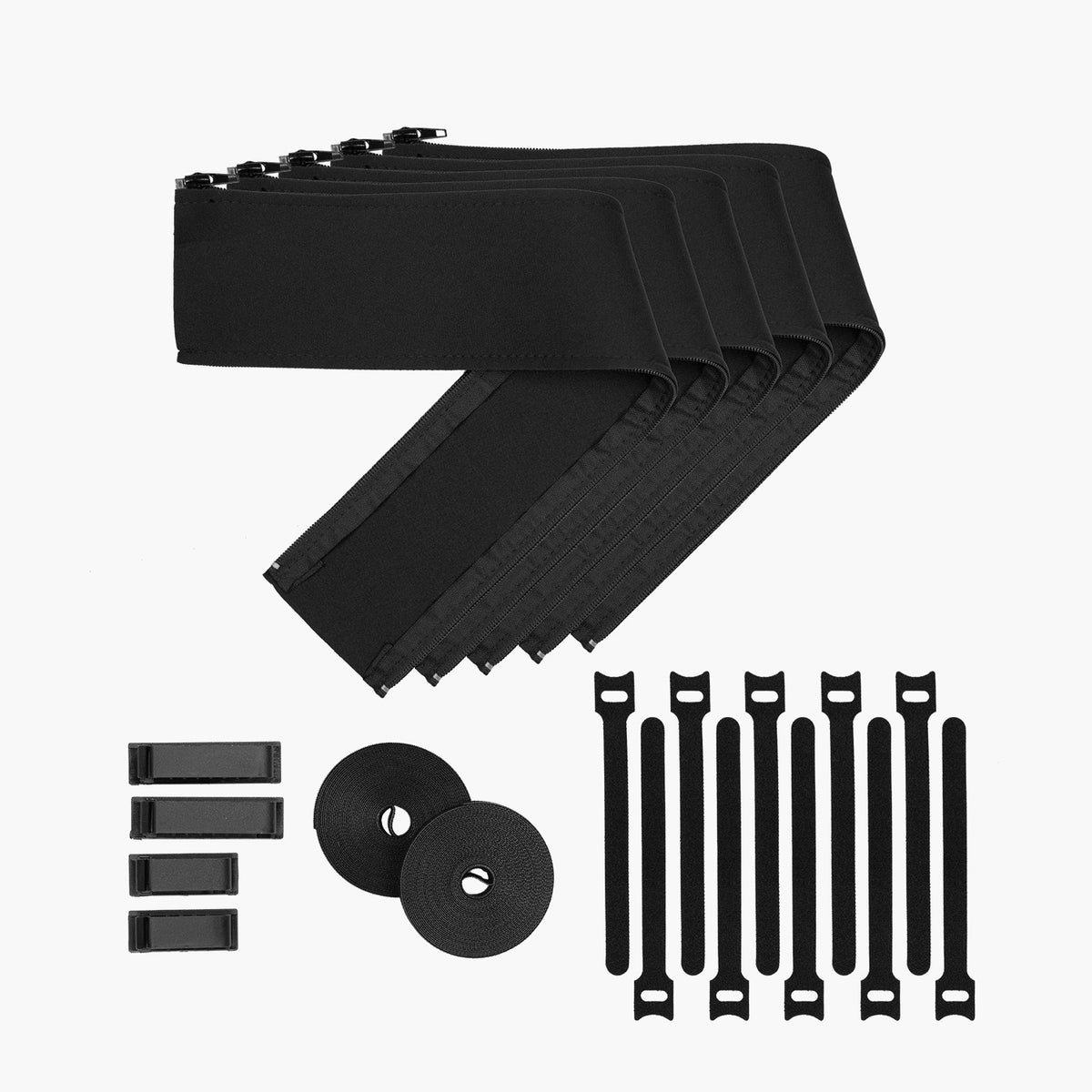 Arozzi Europe Cable Kit: includes black sleeves, clips, Velcro ties, and wraps for organization.
