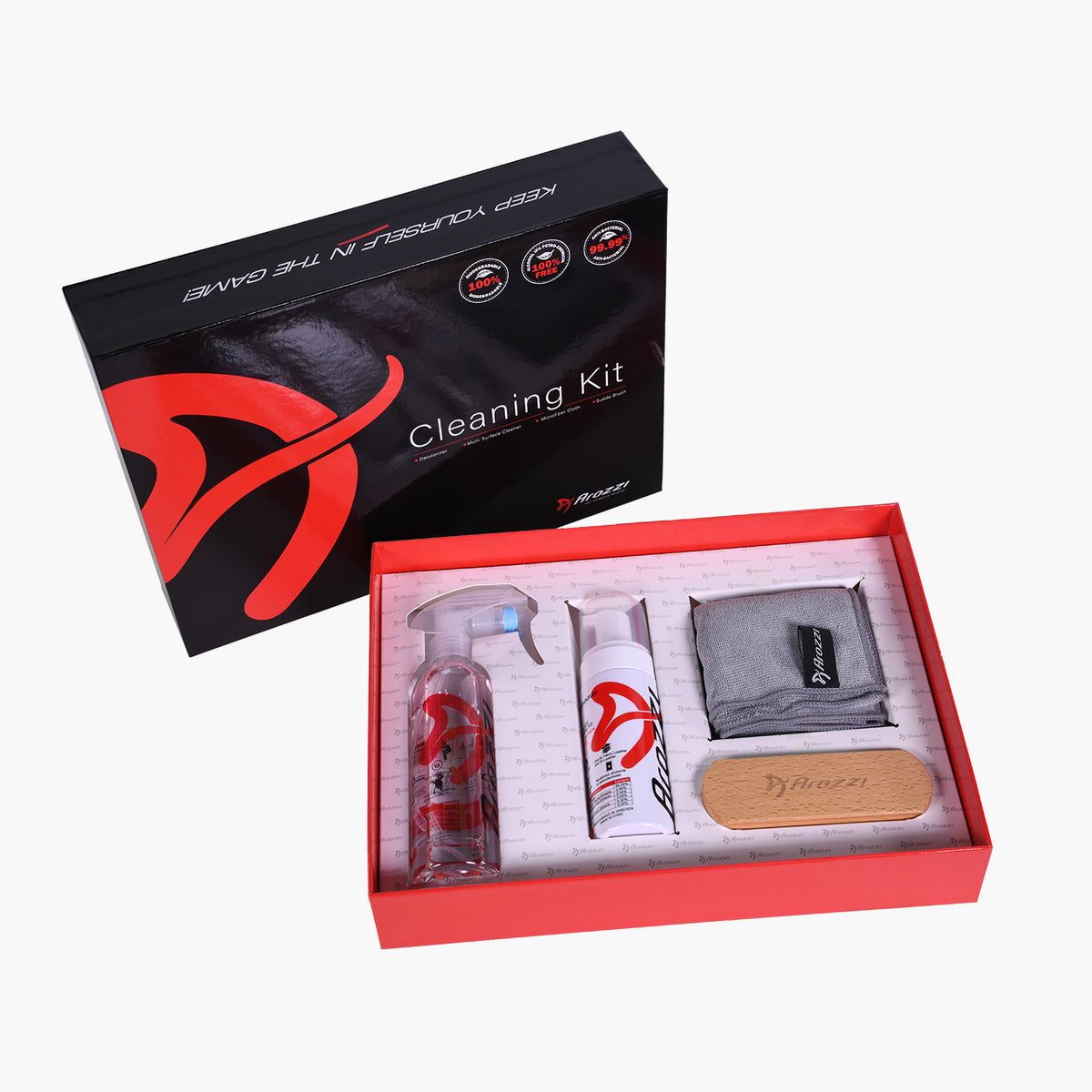 Arozzi Europe Cleaning Kit: all-natural cleaner with spray, brush, cloth, and branded box.