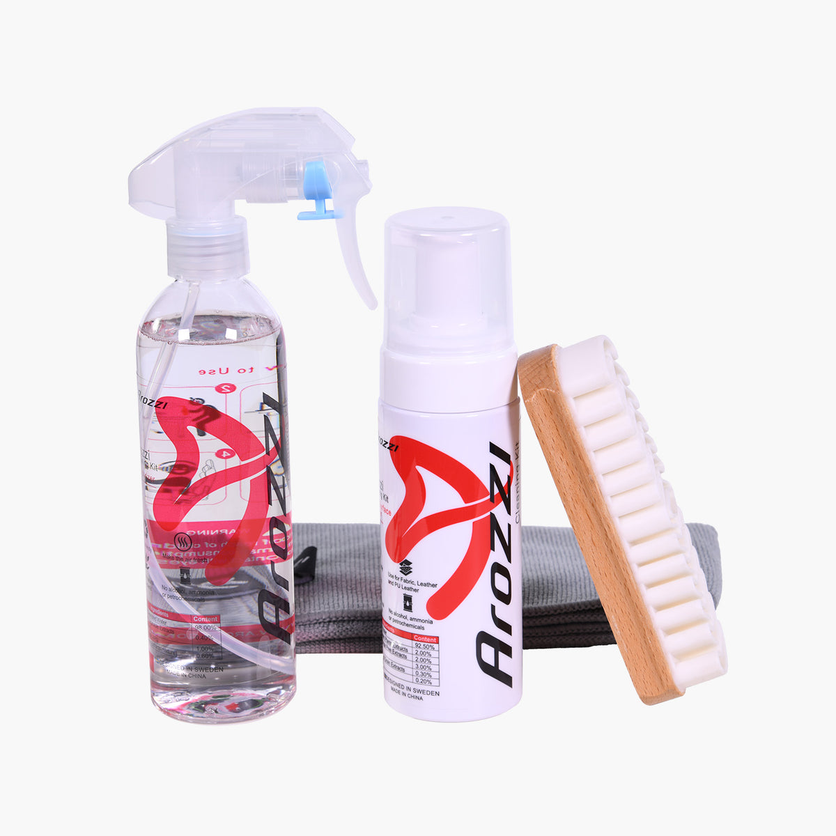 Arozzi Europe Cleaning Kit with spray, foam, brush & cloth on a white background.