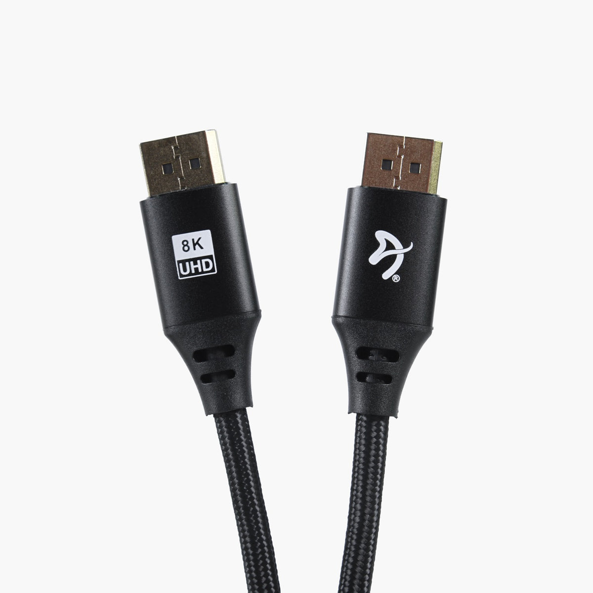 Two Arozzi Europe 2m black braided DisplayPort 1.4 cables, 8K UHD with arrow logo for monitors.