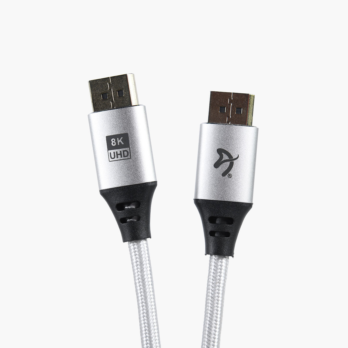 Two Arozzi Europe silver DisplayPort 1.4 cables, 3m, 8K UHD, braided for high refresh rates.