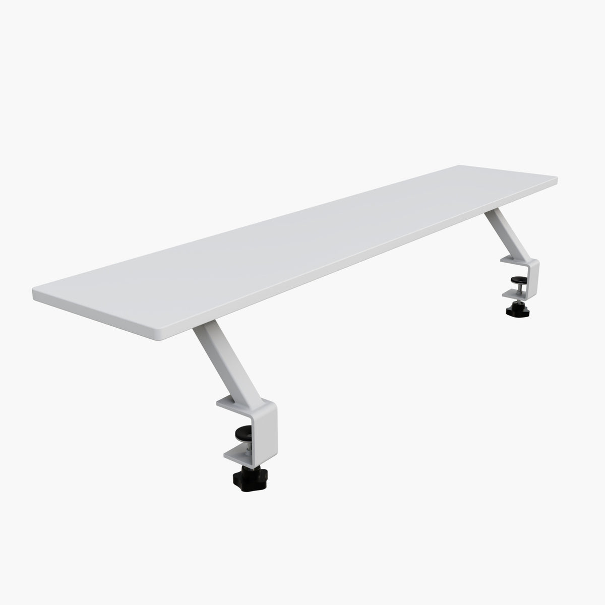 Arozzi Europe Desk Riser - Large: white clamp-on shelf/monitor riser with angled legs, 2 clamps.
