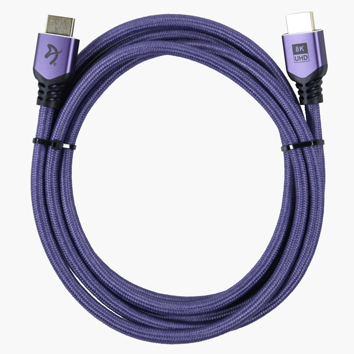 Arozzi Europe HDMI 2.1 Cable 2m – 8K UHD, purple braided, coiled on white background.