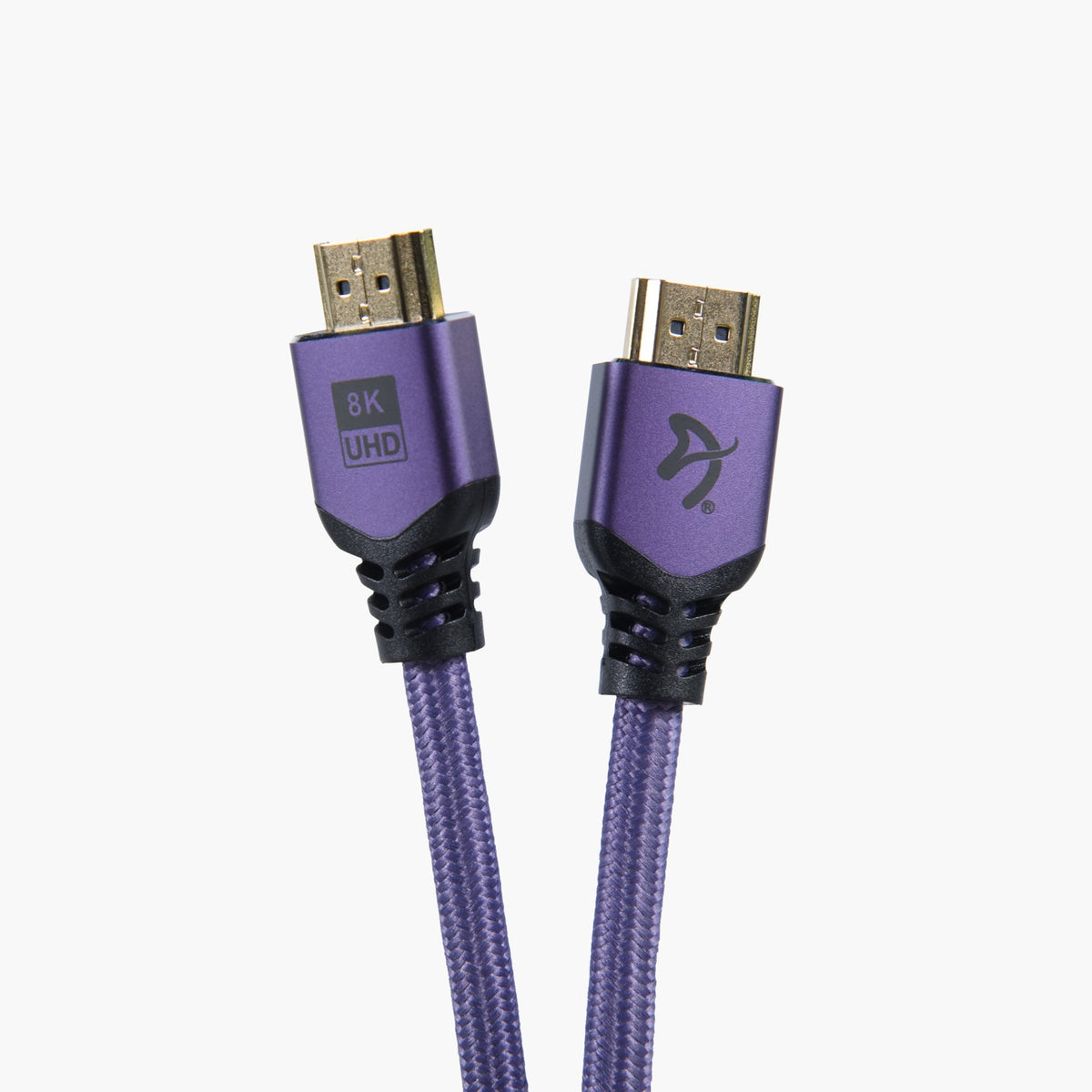 Two Arozzi Europe HDMI 2.1 Cable 2m – 8K UHD, purple, for gaming monitors, on white background.