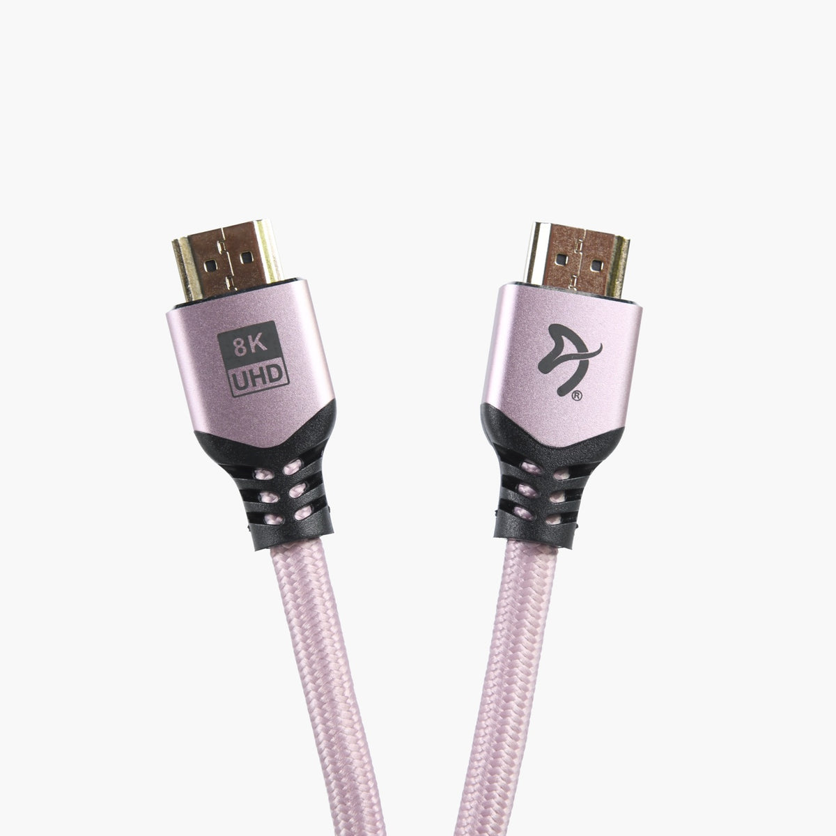 Two Arozzi Europe HDMI 2.1 Cable 3m – 8K UHD, pink, braided, logo on connectors.