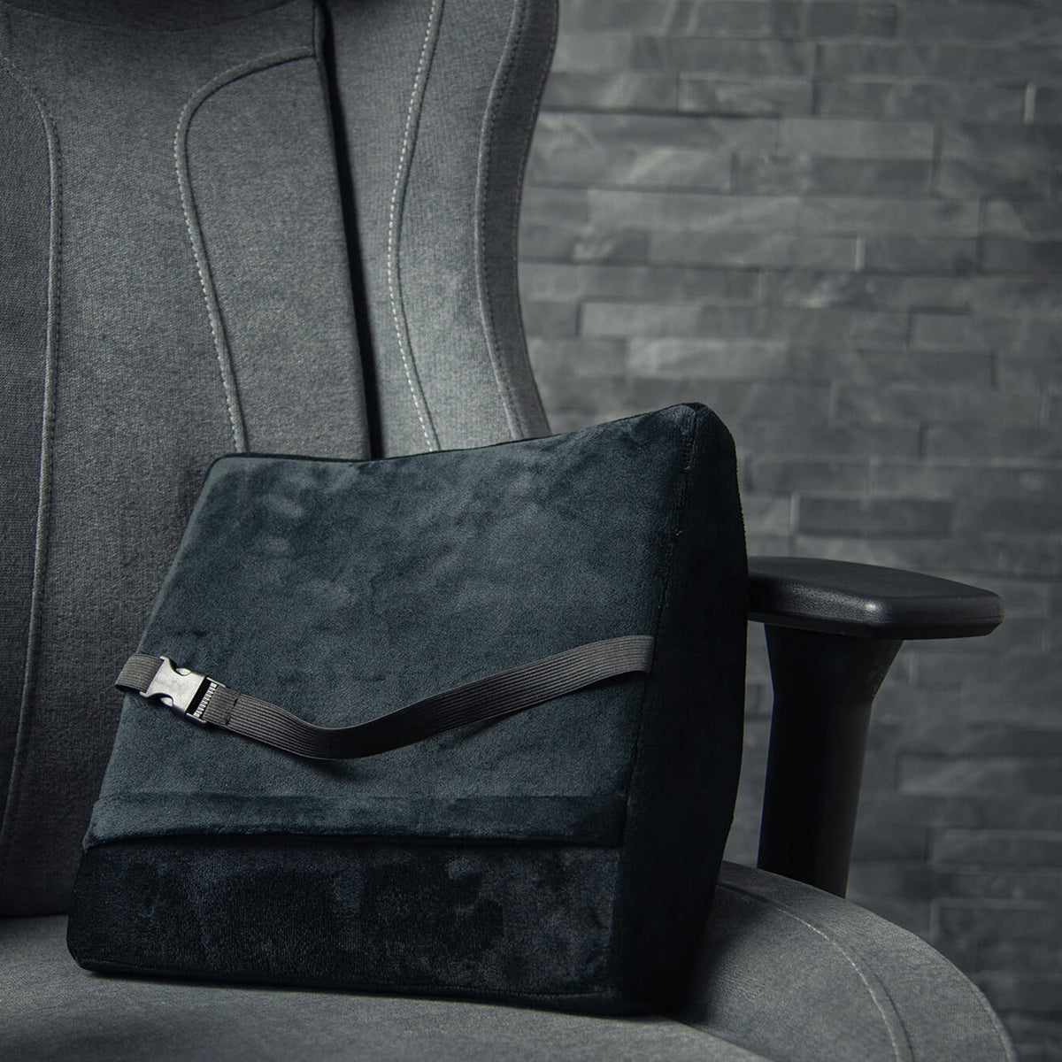 Arozzi Europe Lumbar Support Pillow Velvet Black with strap on a gray office chair.