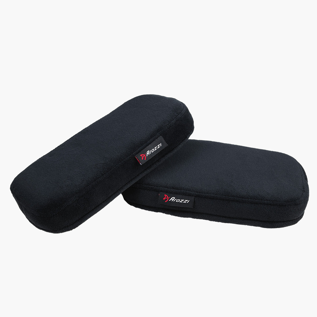 Two black Memory Foam Armrest Pads by Arozzi Europe on a white background.