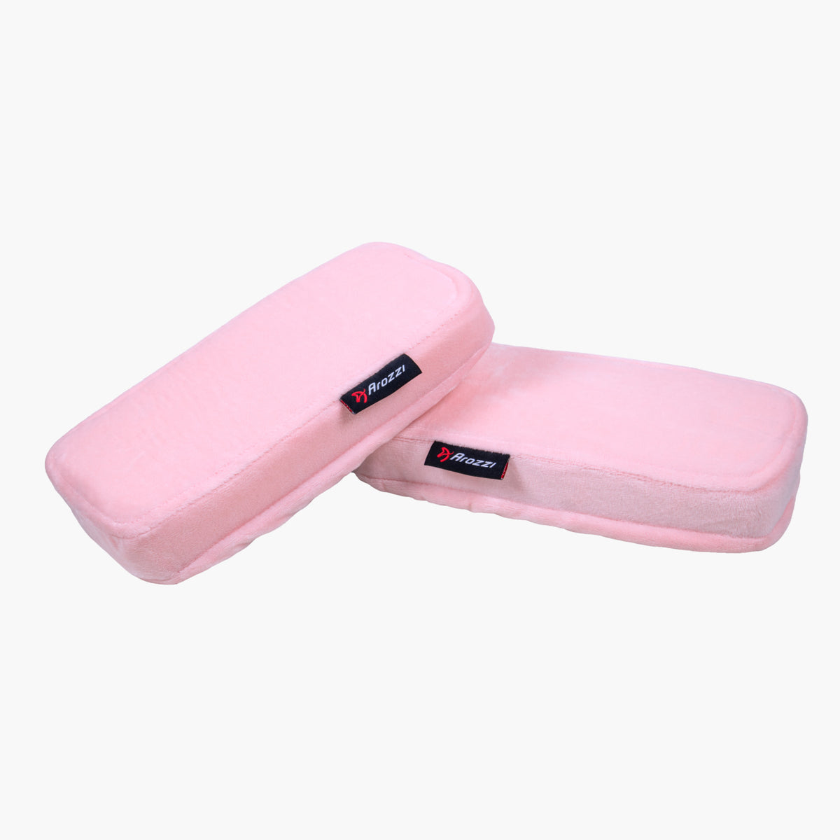 Two pink Arozzi Europe Memory Foam Armrest Pads with black tags on a white background.
